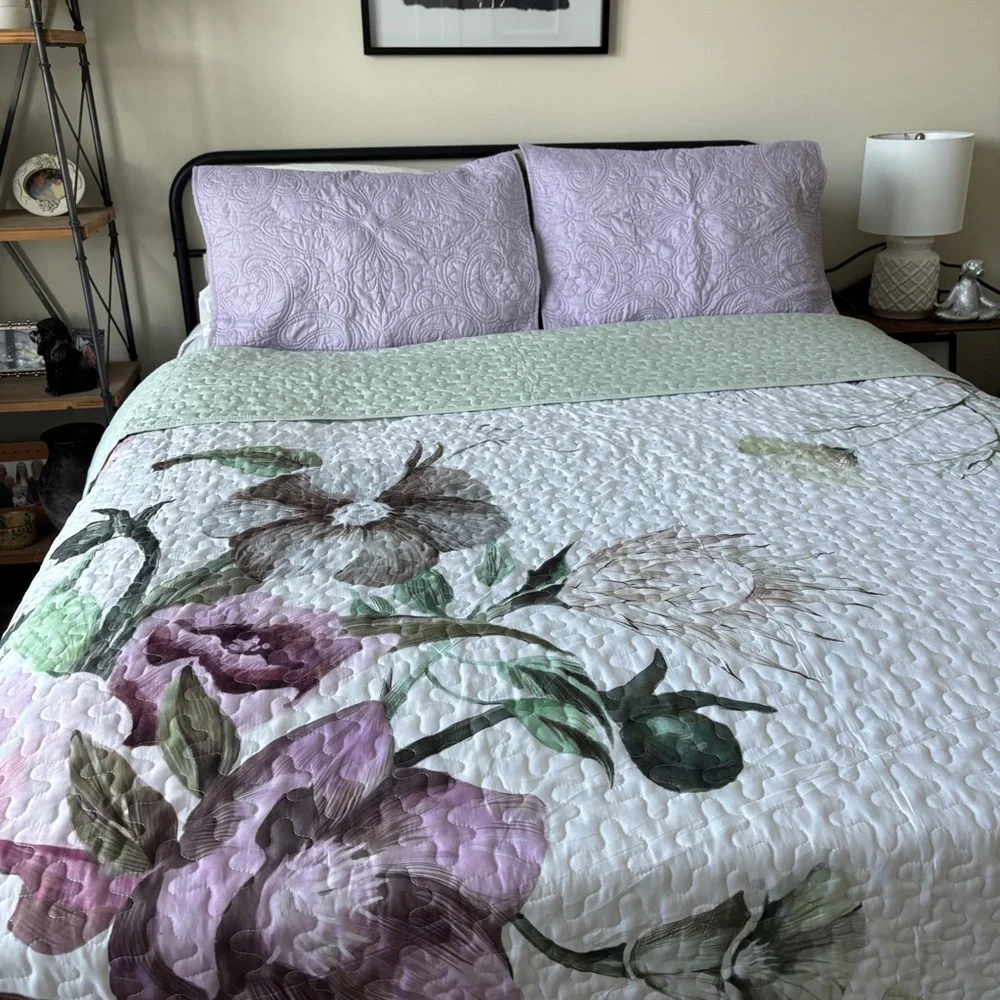 Boho Green & Purple Floral Reversible 3 Pc Bedding Quilt Queen Set Solid Shams